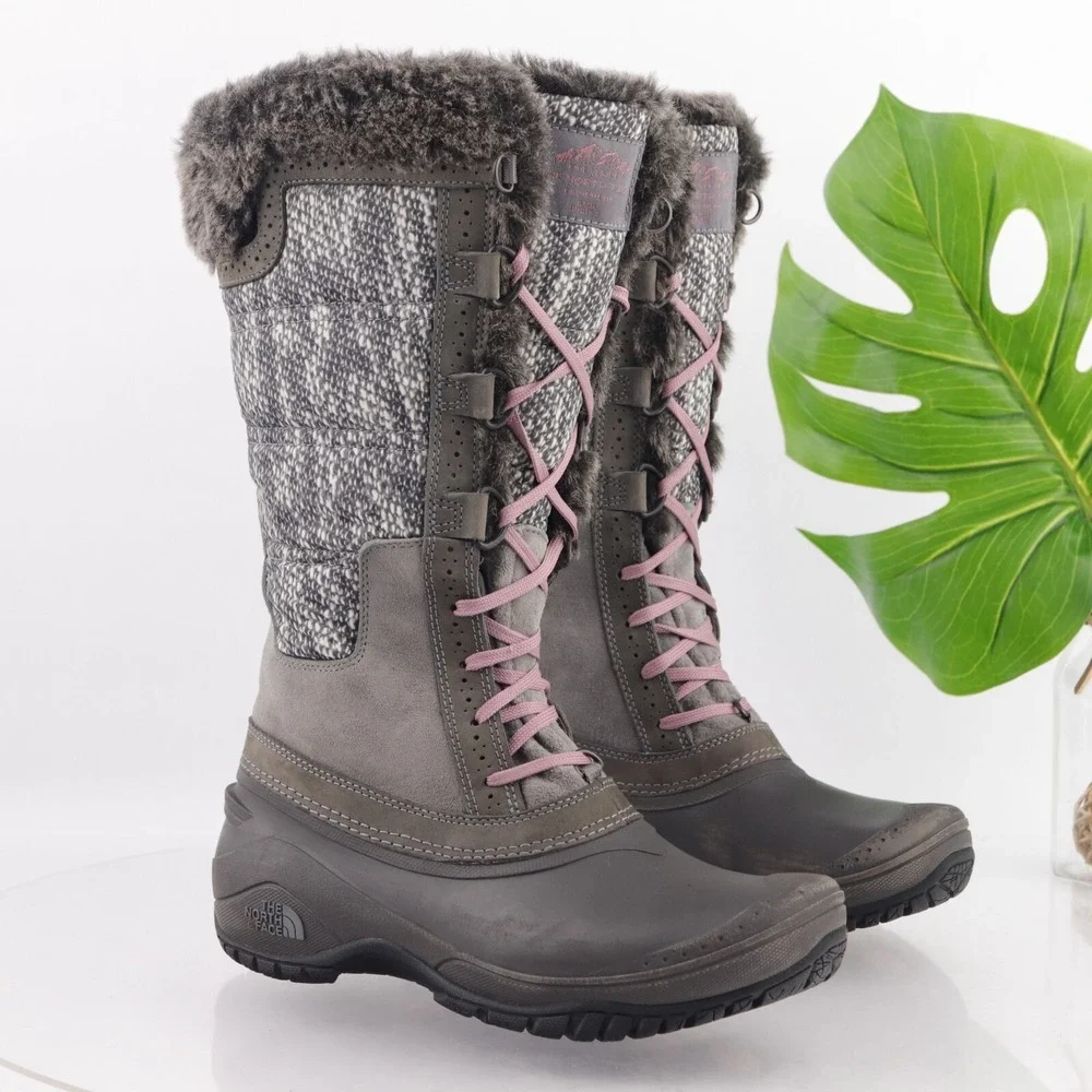 The North Face Womens Shellista Boots Size 8 Tall Waterproof Gray Lace Up Furry